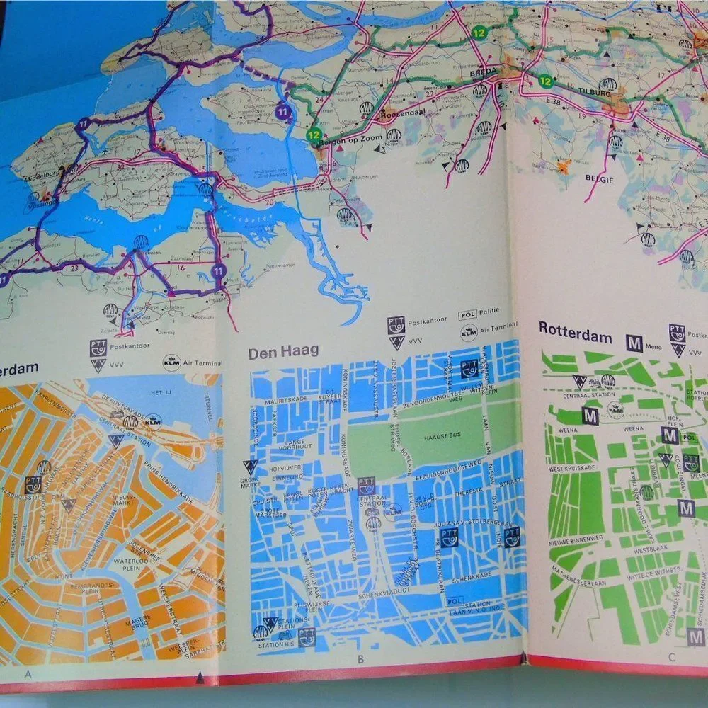 Holland Tourist Road Map Vintage 1975 Fold Out Highway Map Netherlands Travel